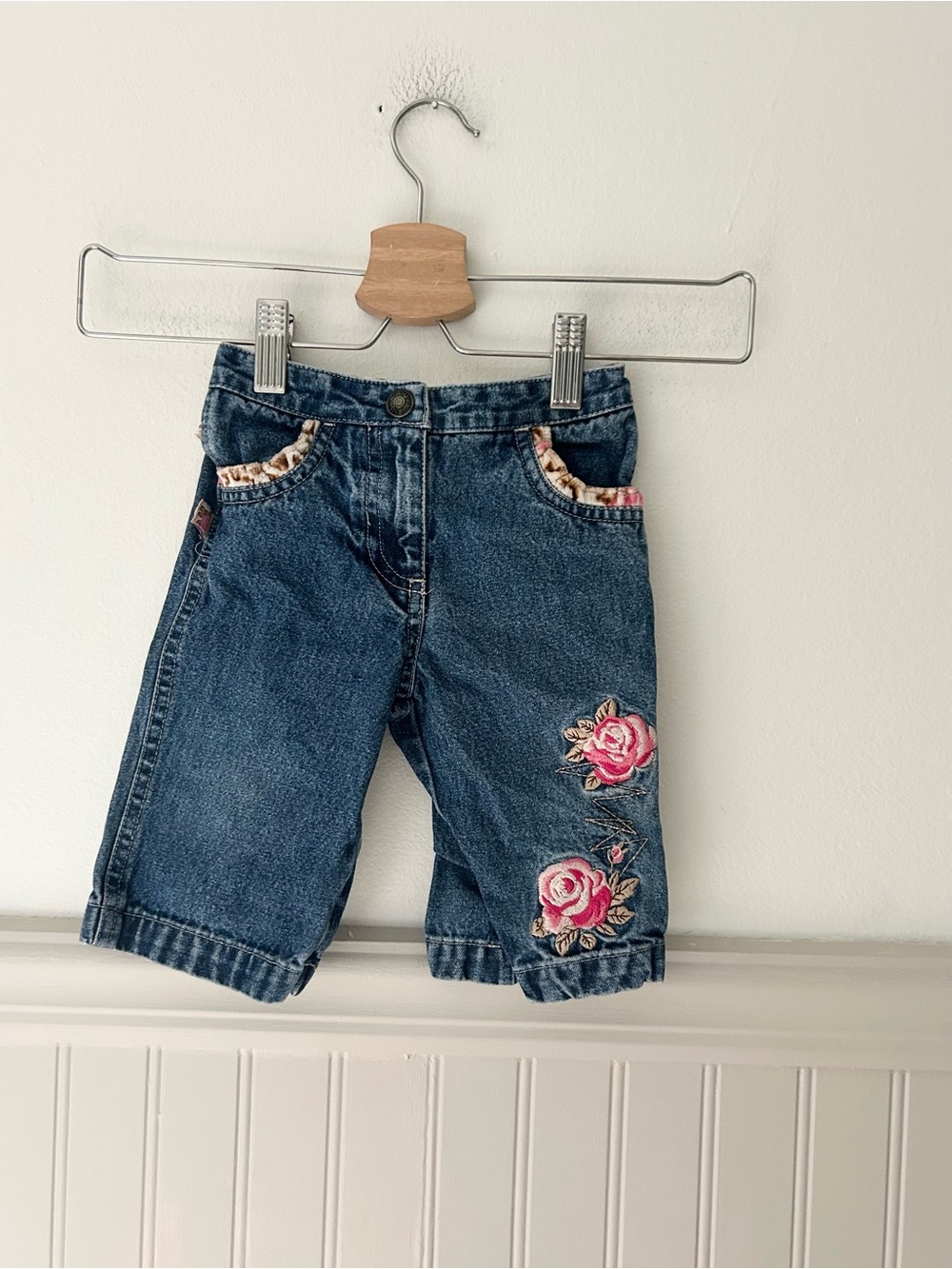 Vintage KRU Little Baby Denim Jeans 6–9 Months Pink Rose Embroidered
